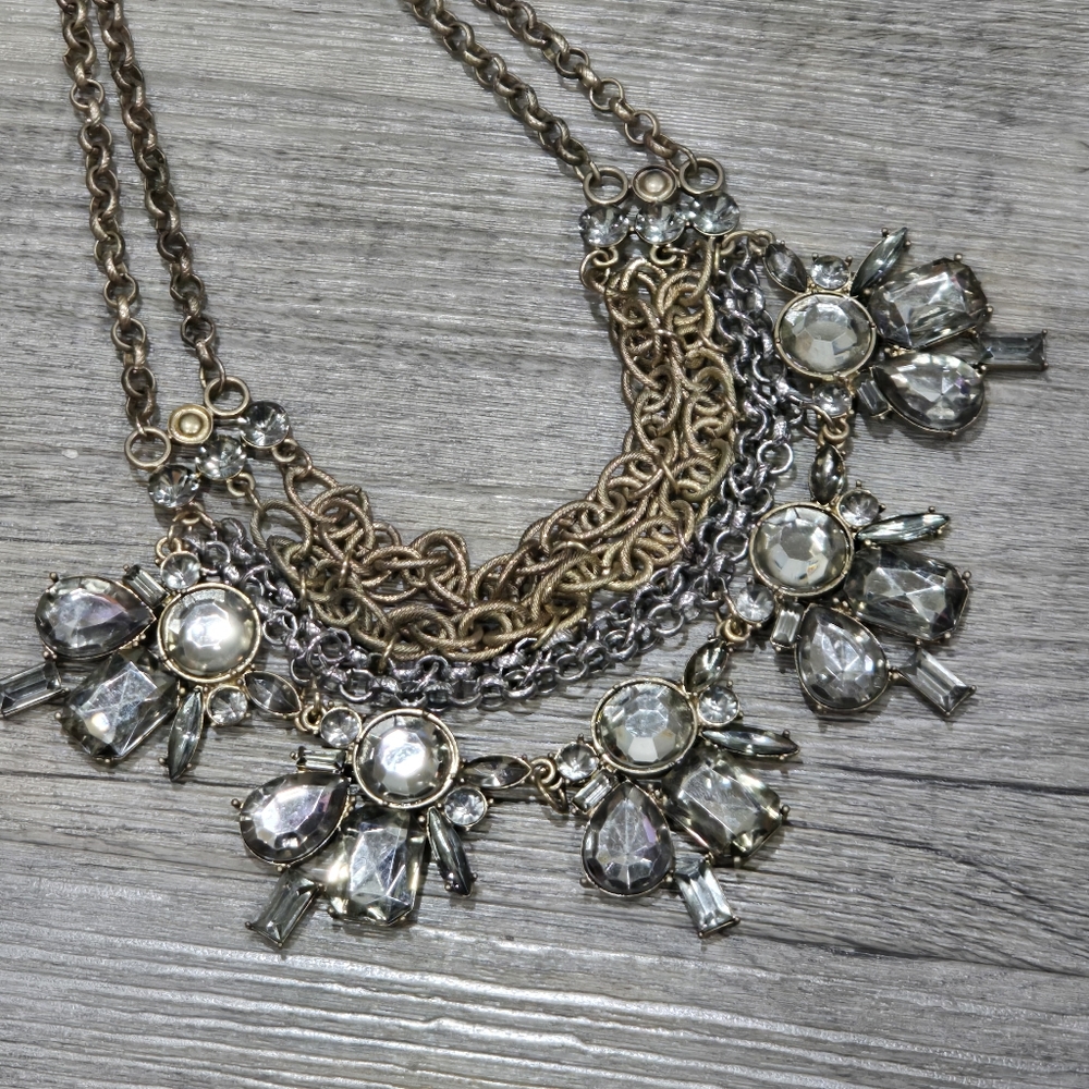 Chicos Signed Necklace Antique Gold Silver Tone Layered Chain Statement Jewelry